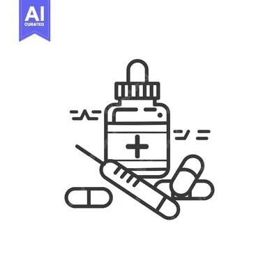 Aset desain premium: Medical Supplies Icon with Bottle, Pills, and Syringe