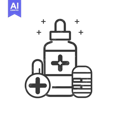 Aset desain premium: Medical Supplies Icon with Dropper Bottle, Pills, and Crosses