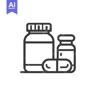 Aset premium populer: Minimalist Icon: Medicine Bottles and Capsule, Black Outline on White