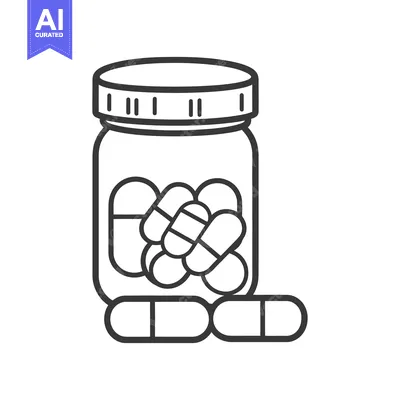 A black and white drawing showing pills in a container