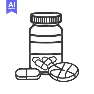 A line drawing of a medicine bottle and tablets