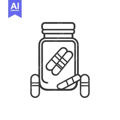 Aset desain premium: A line art depiction of medicine capsules and a bottle