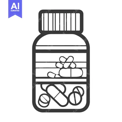 A black and white line drawing of a medicine bottle