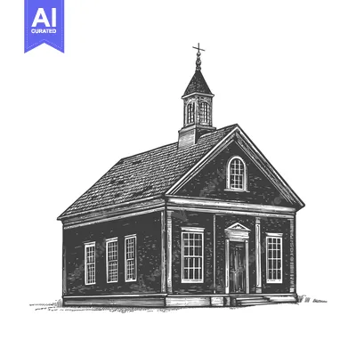 Aset desain premium: A detailed black and white drawing of a small church building