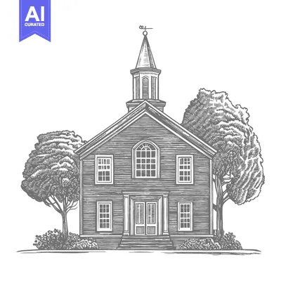 Premium design asset: An illustration shows a historic building surrounded by trees and gree