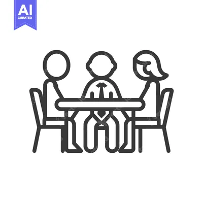 Aset premium populer: Three figures sit around a table in a simple line drawing
