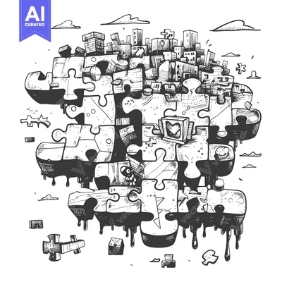 Premium design asset: Melted Jigsaw Puzzle Cityscape With Clouds