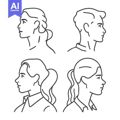 Aset premium populer: Four human profile illustrations depicting diverse hairstyles and appe