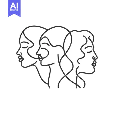 Premium design asset: Three female faces are depicted as a continuous black line drawing