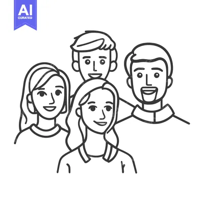 Aset desain premium: Line drawing depicting a group of smiling people close together