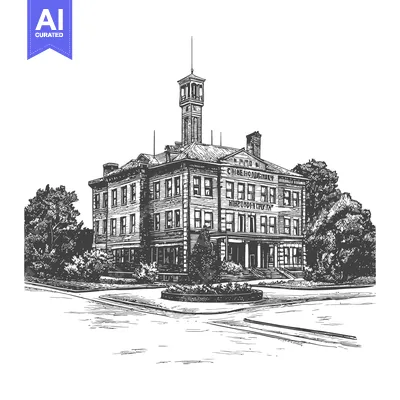 Aset desain premium: An architectural pen and ink illustration depicts a large building and
