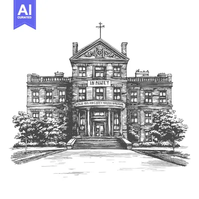 Aset desain premium: A black and white drawing of an ornate institutional building