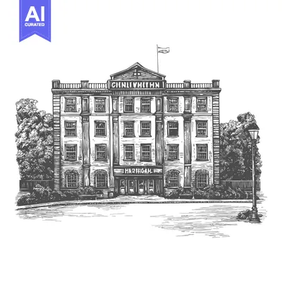 Aset desain premium: A detailed black and white drawing of a grand building facade
