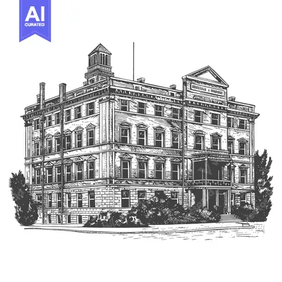 Aset premium populer: A detailed monochrome drawing of a large vintage building
