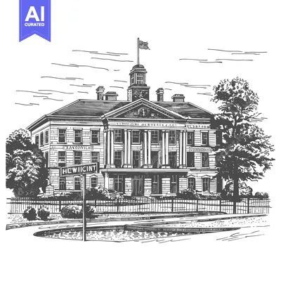 Aset desain premium: A detailed pen and ink illustration of a grand building