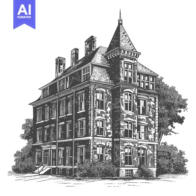 Aset premium populer: A detailed pen and ink drawing of a large old house