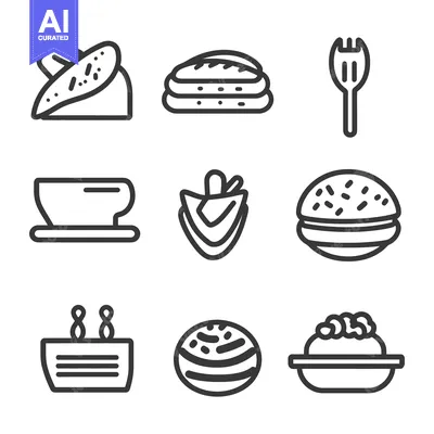 Aset desain premium: An illustration presenting various line icons of food and beverages