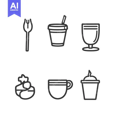 Aset premium populer: Outlined images of various beverages and food items are displayed