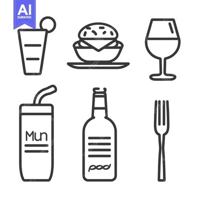 Simple line drawings depicting common food and beverage items