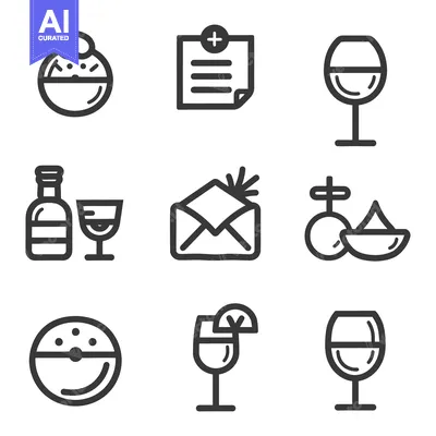 Aset desain premium: Several black and white vector illustrations depicting varied objects