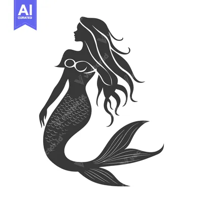 Aset desain premium: A graceful silhouette of a mermaid with flowing hair and fishtail