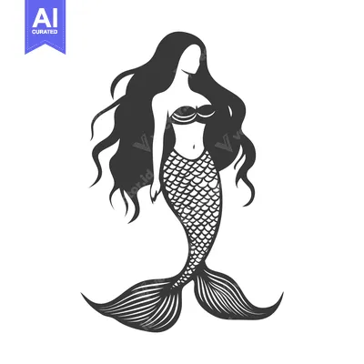 Aset desain premium: A stylized black and white image of a beautiful mermaid