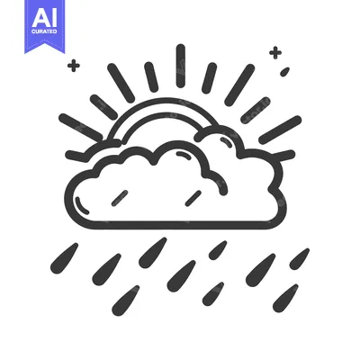 Aset desain premium: A black and white illustrated image of sun rain and clouds