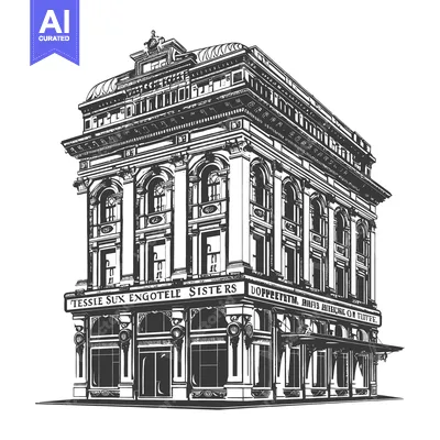 Aset desain premium: A detailed and ornate black and white building illustration