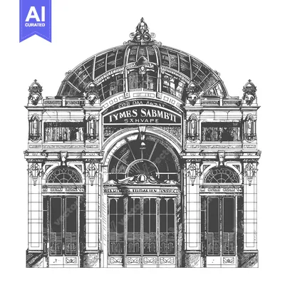 Premium design asset: A detailed black and white architectural drawing of a building facade