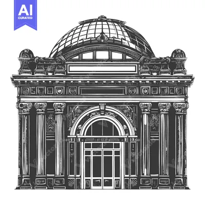 Aset desain premium: An elegant drawing illustrating a building with a glass dome roof