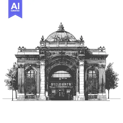 Aset desain premium: An ornate architectural drawing of a large building facade