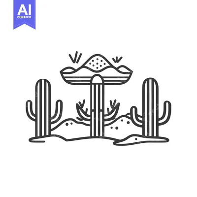 Aset premium populer: Line drawing illustration of cacti and desert terrain under a mountain