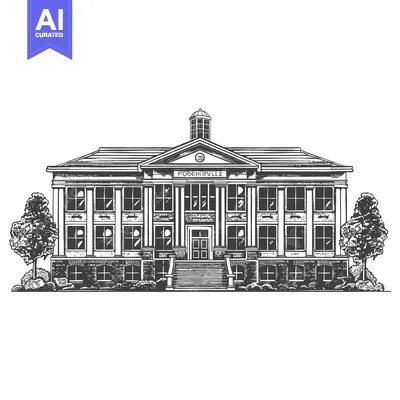 Premium design asset: A detailed black and white drawing of a classic building