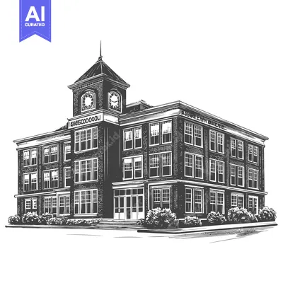 Aset desain premium: Detailed black and white illustration of an old brick building