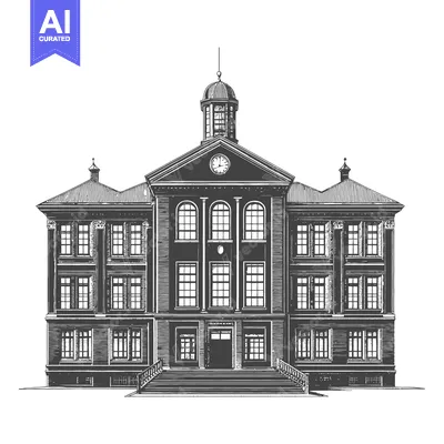 Aset desain premium: An illustration shows a large classical building with many windows