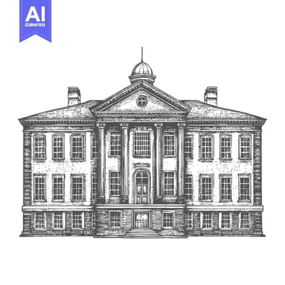 Aset desain premium: An illustrative drawing of a grand building facade in grayscale