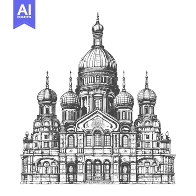 Premium design asset: Detailed black and white sketch of a large ornate cathedral