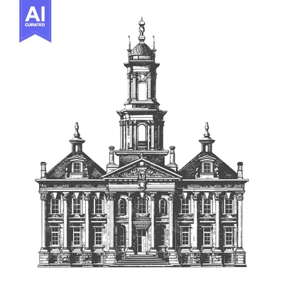 Aset desain premium: A detailed black and white architectural illustration of a tall buildi
