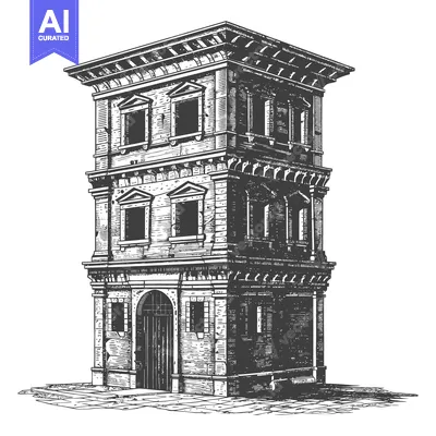 Aset premium populer: A detailed black and white illustration depicting a multi story buildi
