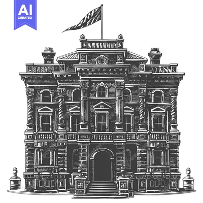 Aset desain premium: A detailed monochrome illustration depicts a grand architectural build