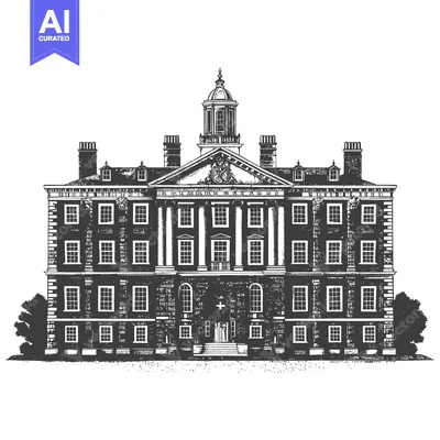 Aset desain premium: A detailed black and white illustration of a stately historic building