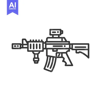 Modern Assault Rifle Icon: Sleek, Minimalist Design on White Backgroun