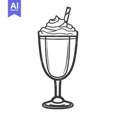 Aset desain premium: An outlined glass of beverage topped with whipped cream and a straw