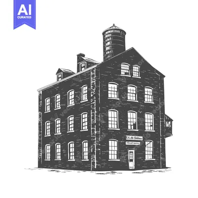 Premium design asset: An illustrated depiction of a brick building with a tall silo