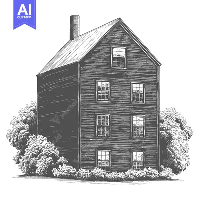 A detailed illustration showcasing a tall wooden house with greenery