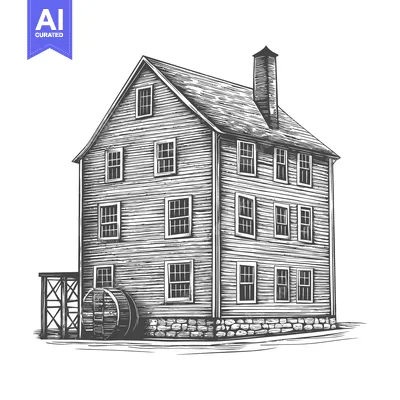 Popular premium asset: A tall wooden building with a water wheel chimney