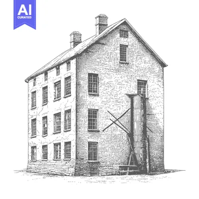 Aset premium populer: Engraving of a Brick Mill Building with a Grain Elevator