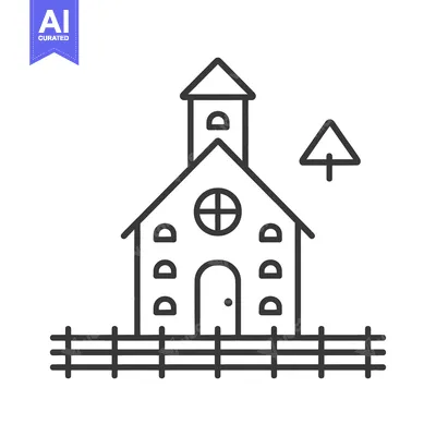 Aset desain premium: Simple Line Drawing Of A Church With Fence And Tree