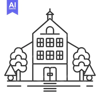 Aset desain premium: Simple Line Drawing of a Building with Trees