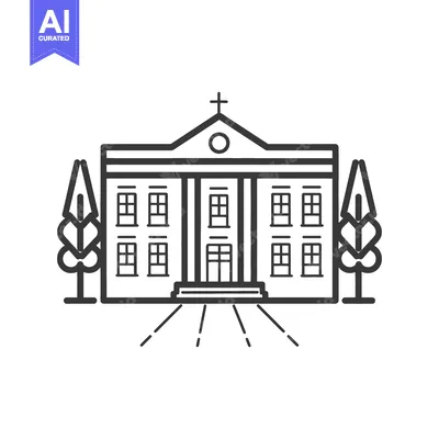 Aset desain premium: Classic Building Design With Trees And Cross